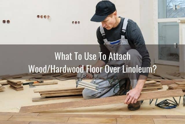 Handyman holding floor plank for installation