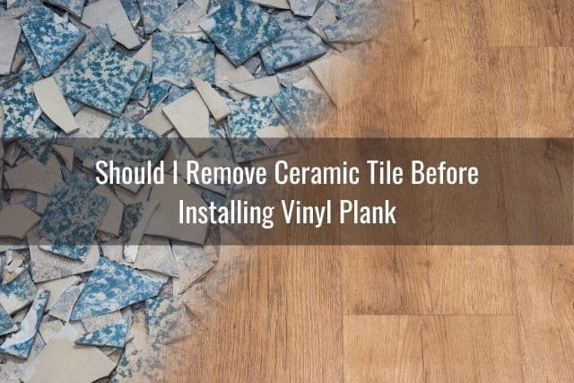 Vinyl planks and cracked ceramic tiles on floor
