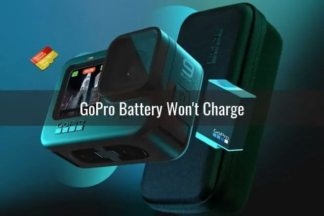 GoPro camera, case and battery