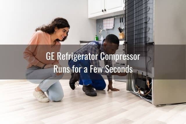 Repairman with woman kneeling down looking at refrigerator compressor