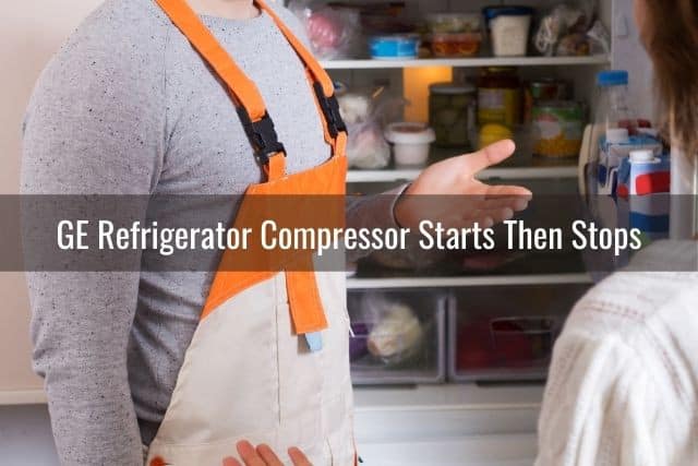 Repairman explaining refrigerator repair problem to female