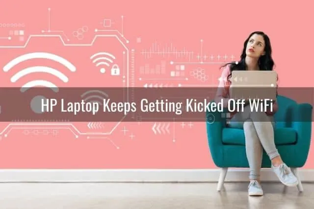 Woman with laptop that's looking for WiFi signal