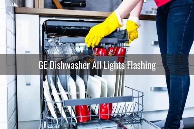 Gloved hands taking clean dishes out of dishwasher