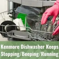 Hand with gloves putting cup into top dishwasher rack