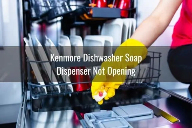 Gloved hand dropping soap into dishwasher compartment