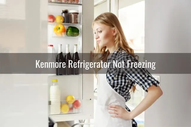 Confused woman looking at the refrigerator