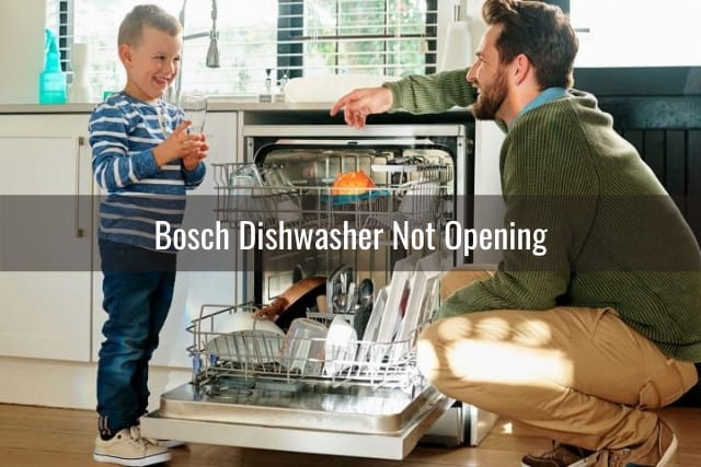 Man and his son putting plates in the diswasher