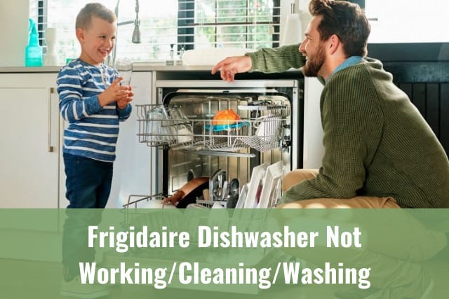 Man and his son putting plates in the diswasher