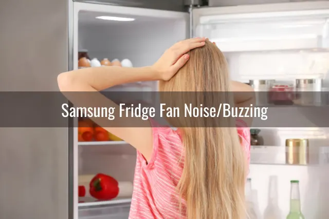 Confused woman looking at the refrigerator
