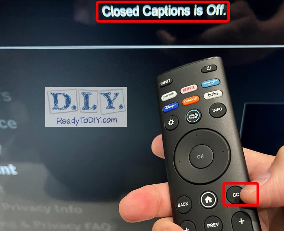 Shows a vizio tv remote with CC button and shows vizio tv screen saying Closed Captions is off.