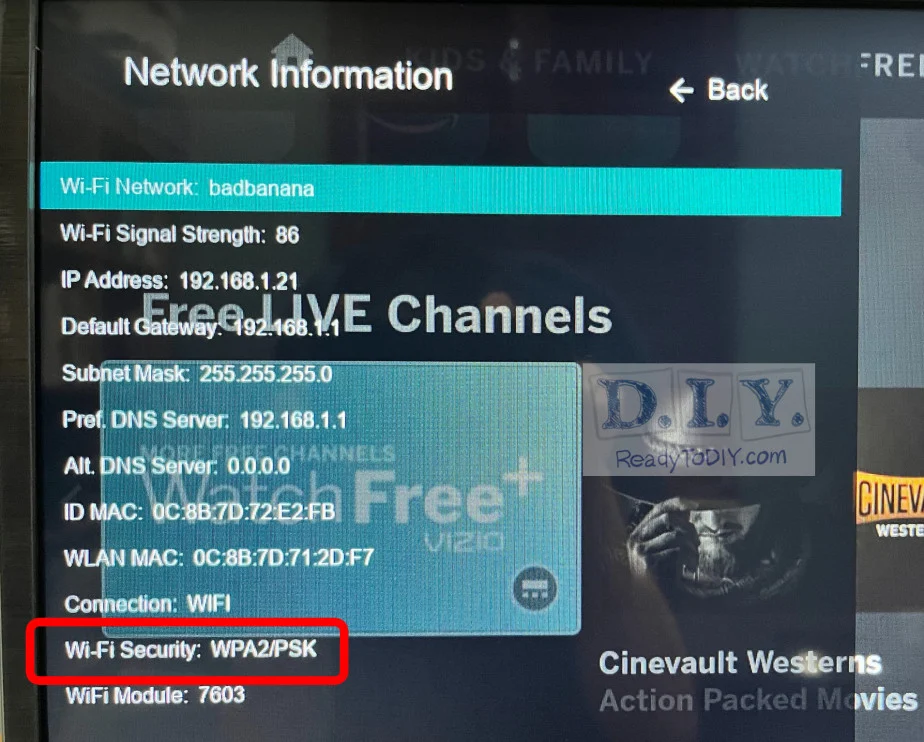 Vizio TV network connection screen showing WPA2/PSK wifi security.