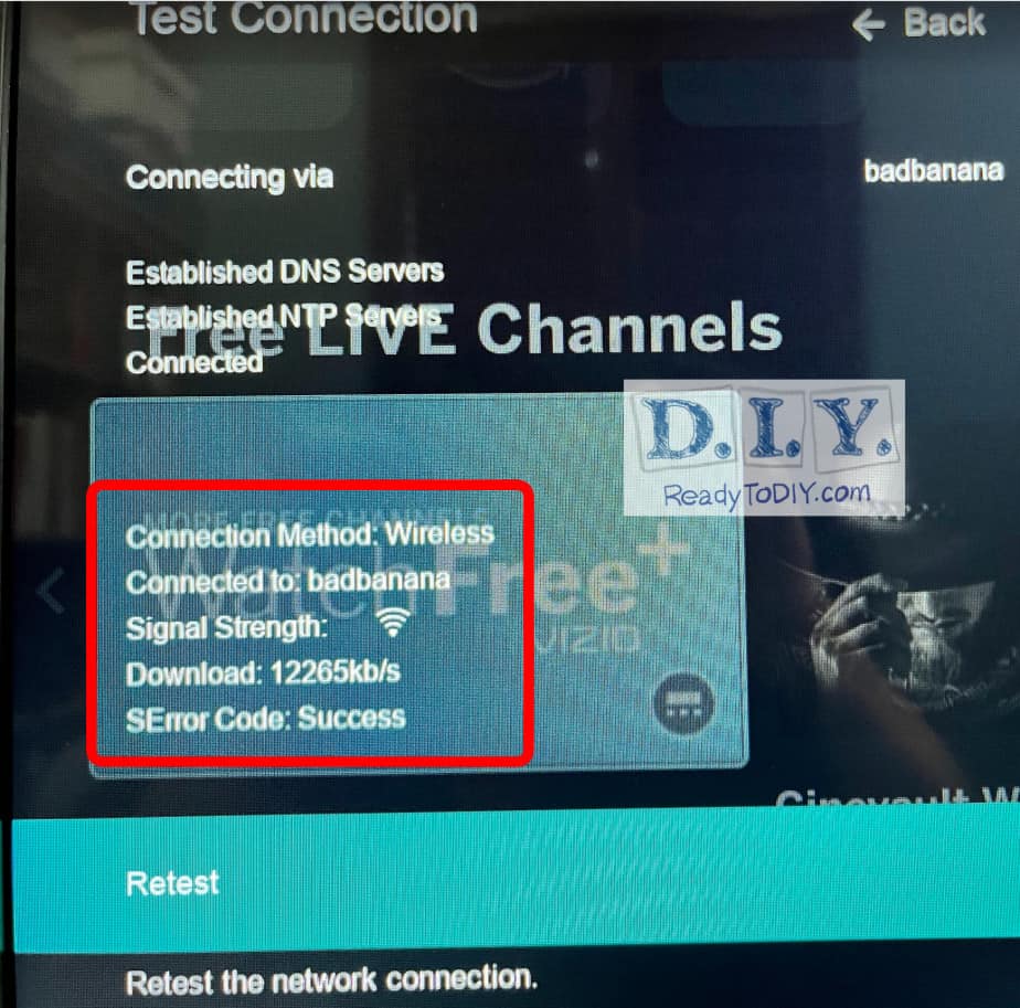 My Vizio TV Successful Network Test Connection screen.