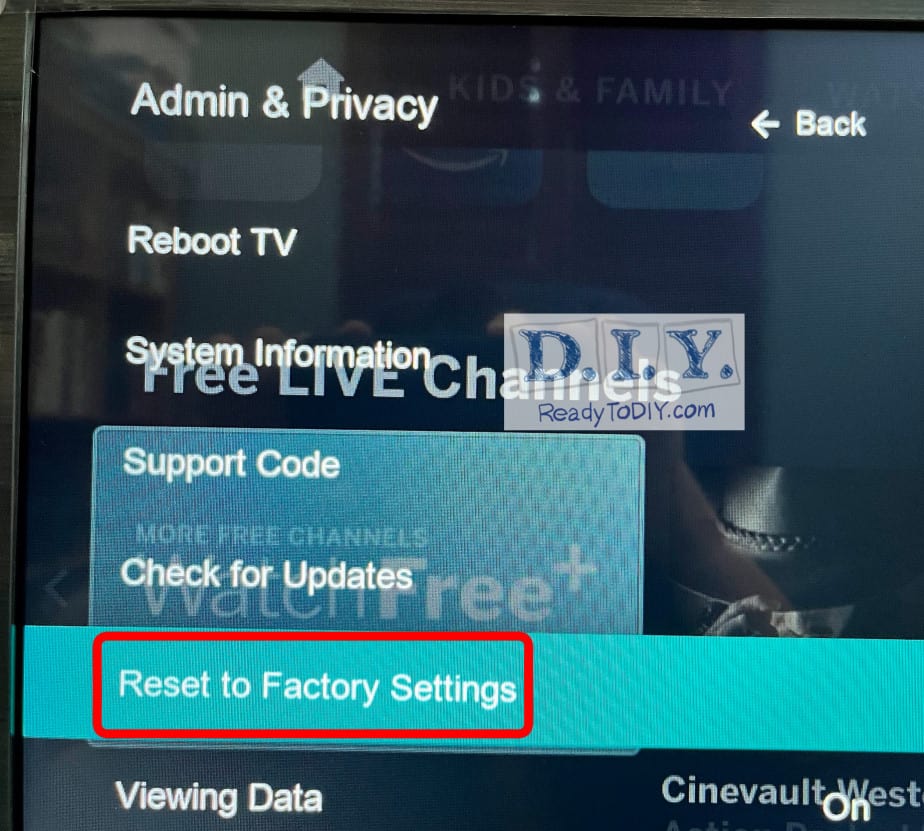 Vizio TV's Admin and Privacy Reset to Factory Settings option.