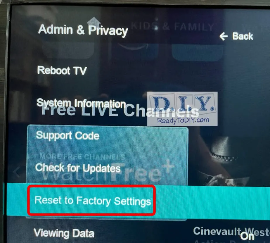 Shows the Vizio TV reset to factory settings option inside the admin and privacy menu.