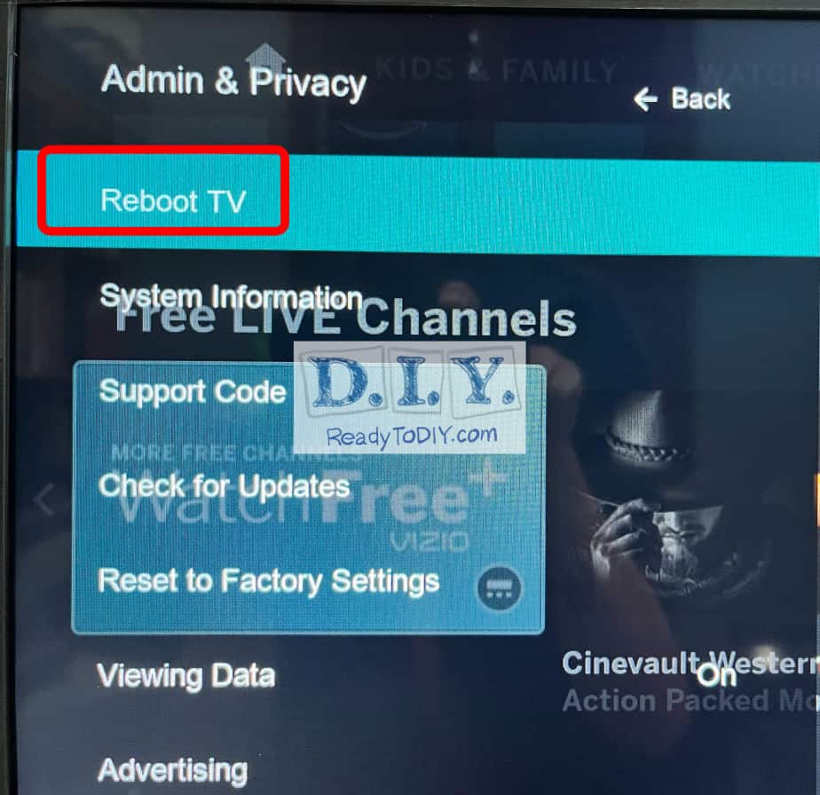 Shows the Vizio TV Reboot TV option inside the admin and privacy menu.
