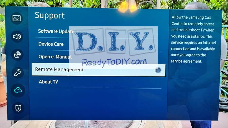 Image shows you where to find Samsung TV support for remote management.
